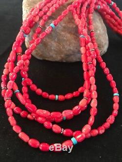 Native American 5 St Turquoise Red CORAL Sterling Silver Necklace Gift