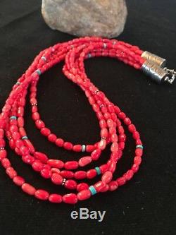 Native American 5 St Turquoise Red CORAL Sterling Silver Necklace Gift