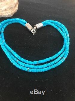 Native American Blue Turquoise Heishi Sterling Silver Bead Necklace Gift 382