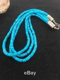 Native American Blue Turquoise Heishi Sterling Silver Bead Necklace Gift 382