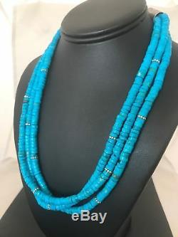 Native American Blue Turquoise Heishi Sterling Silver Bead Necklace Gift A382