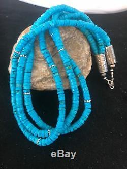 Native American Blue Turquoise Heishi Sterling Silver Bead Necklace Gift A382