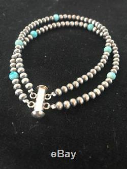 Native American Navajo Pearls Sterling Silver Blue Turquoise Bracelet Gift S378