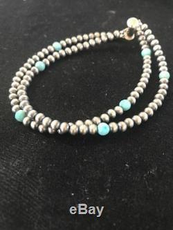 Native American Navajo Pearls Sterling Silver Blue Turquoise Bracelet Gift S378