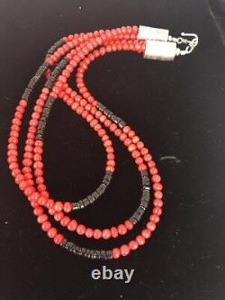 Native American Navajo Sterling Silver Coral Necklace Pendant 20 Gift 3 Strand