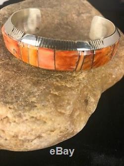 Native American Sterling Silver Spiny Oyster Navajo Inlay Bracelet Mens Gift
