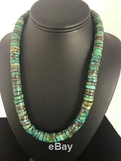 Native American Turquoise 12 mm Heishi Sterling Silver Bead Necklace Gift