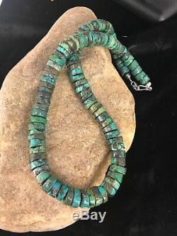 Native American Turquoise 12 mm Heishi Sterling Silver Bead Necklace Gift
