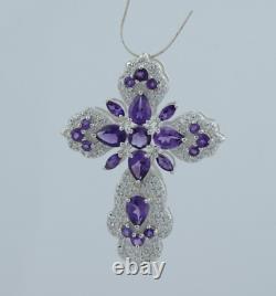Natural Amethyst Gemstone CROSS Pendant 925 Sterling Silver CZ Pave Jewelry Gift