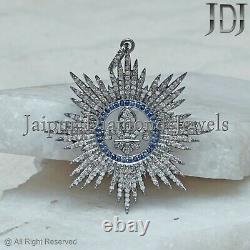 Natural Blue Sapphire Pave Diamond Fleur De Lis Pendant 925 Silver Jewelry GIFTS