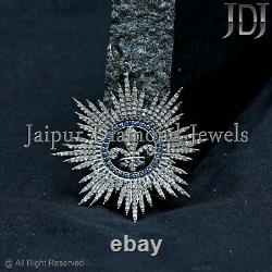 Natural Blue Sapphire Pave Diamond Fleur De Lis Pendant 925 Silver Jewelry GIFTS