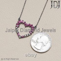 Natural Diamond Ruby Gemstone 925 Silver Heart Shape Chain Necklace Gift Jewelry