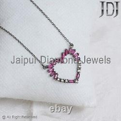 Natural Diamond Ruby Gemstone 925 Silver Heart Shape Chain Necklace Gift Jewelry