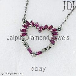 Natural Diamond Ruby Gemstone 925 Silver Heart Shape Chain Necklace Gift Jewelry