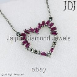 Natural Diamond Ruby Gemstone 925 Silver Heart Shape Chain Necklace Gift Jewelry