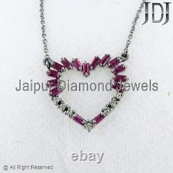 Natural Diamond Ruby Gemstone 925 Silver Heart Shape Chain Necklace Gift Jewelry