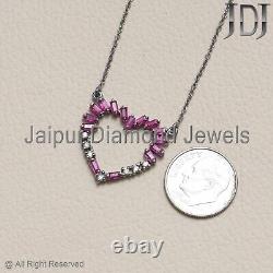 Natural Diamond Ruby Gemstone 925 Silver Heart Shape Chain Necklace Gift Jewelry