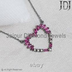 Natural Diamond Ruby Gemstone 925 Silver Heart Shape Chain Necklace Gift Jewelry