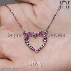 Natural Diamond Ruby Gemstone 925 Silver Heart Shape Chain Necklace Gift Jewelry