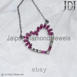 Natural Diamond Ruby Gemstone 925 Silver Heart Shape Chain Necklace Gift Jewelry