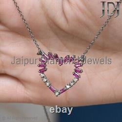 Natural Diamond Ruby Gemstone 925 Silver Heart Shape Chain Necklace Gift Jewelry