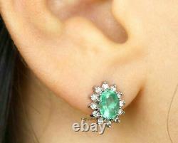 Natural Emerald & Diamond Stud Earring 925 Sterling Silver Wedding Gift Jewelry