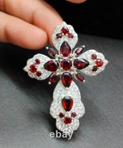 Natural Garnet Gemstone CROSS Pendant 925 Sterling Silver CZ Jewelry Women Gift