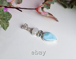 Natural Larimar Gemstone 925 Silver Topaz Moonstone Long Pendant Jewelry Gift