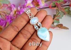 Natural Larimar Gemstone 925 Silver Topaz Moonstone Long Pendant Jewelry Gift