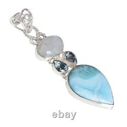 Natural Larimar Gemstone 925 Silver Topaz Moonstone Long Pendant Jewelry Gift