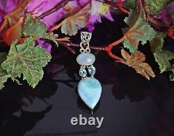 Natural Larimar Gemstone 925 Silver Topaz Moonstone Long Pendant Jewelry Gift