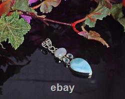 Natural Larimar Gemstone 925 Silver Topaz Moonstone Long Pendant Jewelry Gift