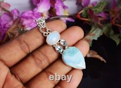 Natural Larimar Gemstone 925 Silver Topaz Moonstone Long Pendant Jewelry Gift