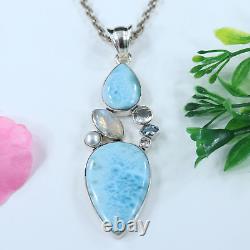 Natural Larimar With Multistone 925 Sterling Silver Pendant Women Jewelry Gift