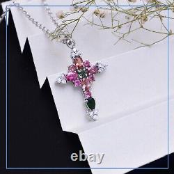 Natural Multi Tourmaline Cross 925 Sterling Silver Pendant Necklace Jewelry Gift