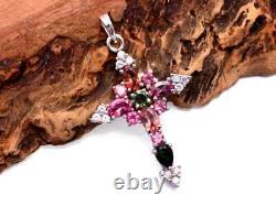 Natural Multi Tourmaline Cross 925 Sterling Silver Pendant Necklace Jewelry Gift