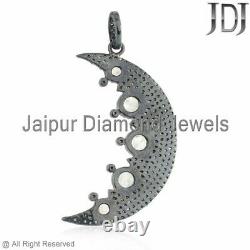 Natural Pave Diamond Moonstone Half Moon Pendant Sterling Silver Jewelry GIFTS