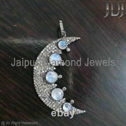 Natural Pave Diamond Moonstone Half Moon Pendant Sterling Silver Jewelry GIFTS