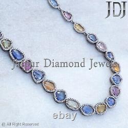 Natural Pave Diamond Multi Sapphire 23 Necklace 925 Silver Wedding Jewelry Gift