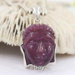 Natural Ruby 925 Sterling Silver Buddha Pendant Jewelry Carved Religious Gift