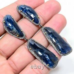 Natural Sapphire Pave Diamond 925 Sterling Silver Dangle Earring Jewelry Gift SA