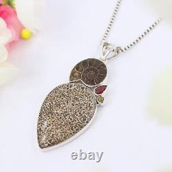 Natural Utha Agate With Ammonite Sterling Silver Pendant Women Jewelry Gift