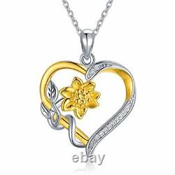 Nature Diamond Sunflower Heart Necklace Sterling Silver Jewelry Gifts