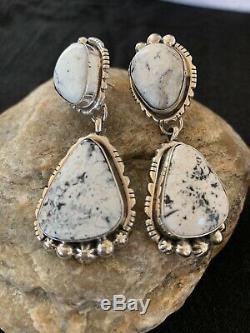 Navajo Dangle WHITE Buffalo TURQUOISE Sterling Silver Earrings 2.25 Gift 8826