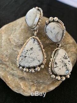 Navajo Dangle WHITE Buffalo TURQUOISE Sterling Silver Earrings 2.25 Gift 8826