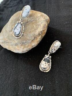 Navajo Dangle WHITE Buffalo TURQUOISE Sterling Silver Earrings 2 Gift 8827