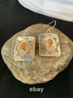Navajo HandmadeStamped Sterling Silver Orange Spiny Oyster Earrings Set Gift 217