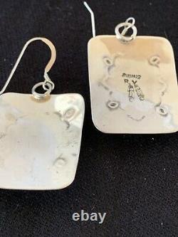 Navajo HandmadeStamped Sterling Silver Orange Spiny Oyster Earrings Set Gift 217
