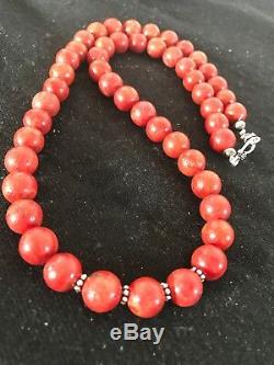 Navajo Native American Apple Coral Bead Sterling Silver Bead Necklace Gift 1240