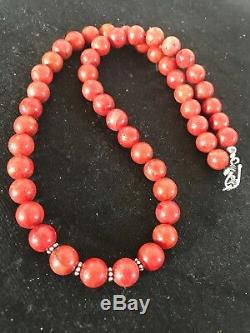 Navajo Native American Apple Coral Bead Sterling Silver Bead Necklace Gift 1240